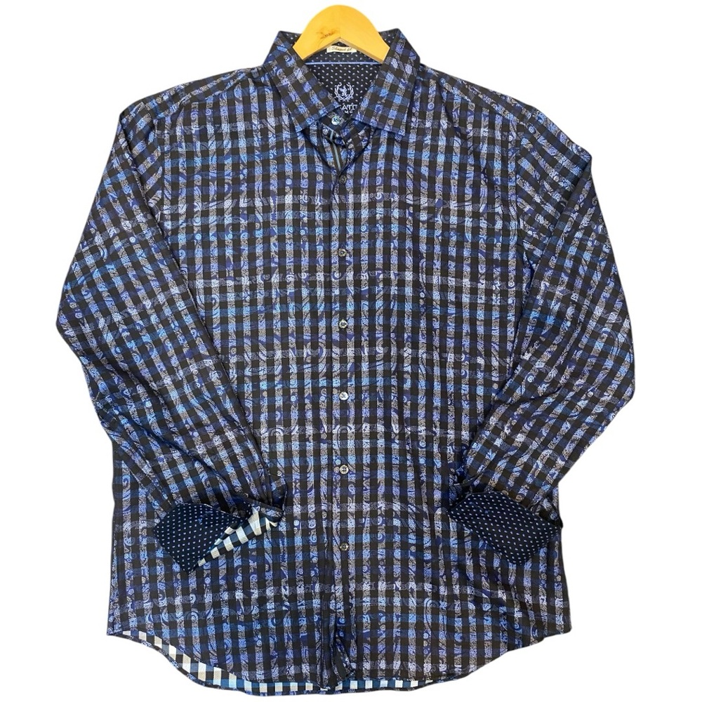 Bugatchi Uomo Long Sleeve Button Down Shirt Navy Black Check Paisley XL